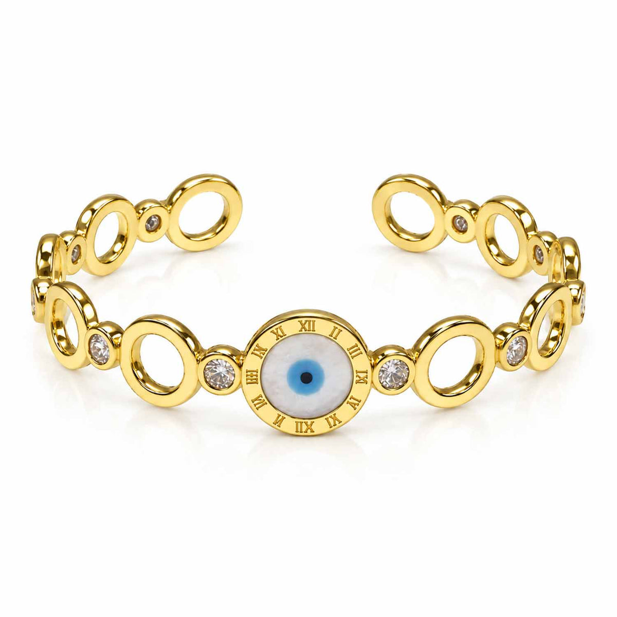 Gold bracelet featuring a prominent blue evil eye centerpiece framed with Roman numeral detailing, alternating polished oval links, and sparkling crystal connectors, displayed on a clean white background.
