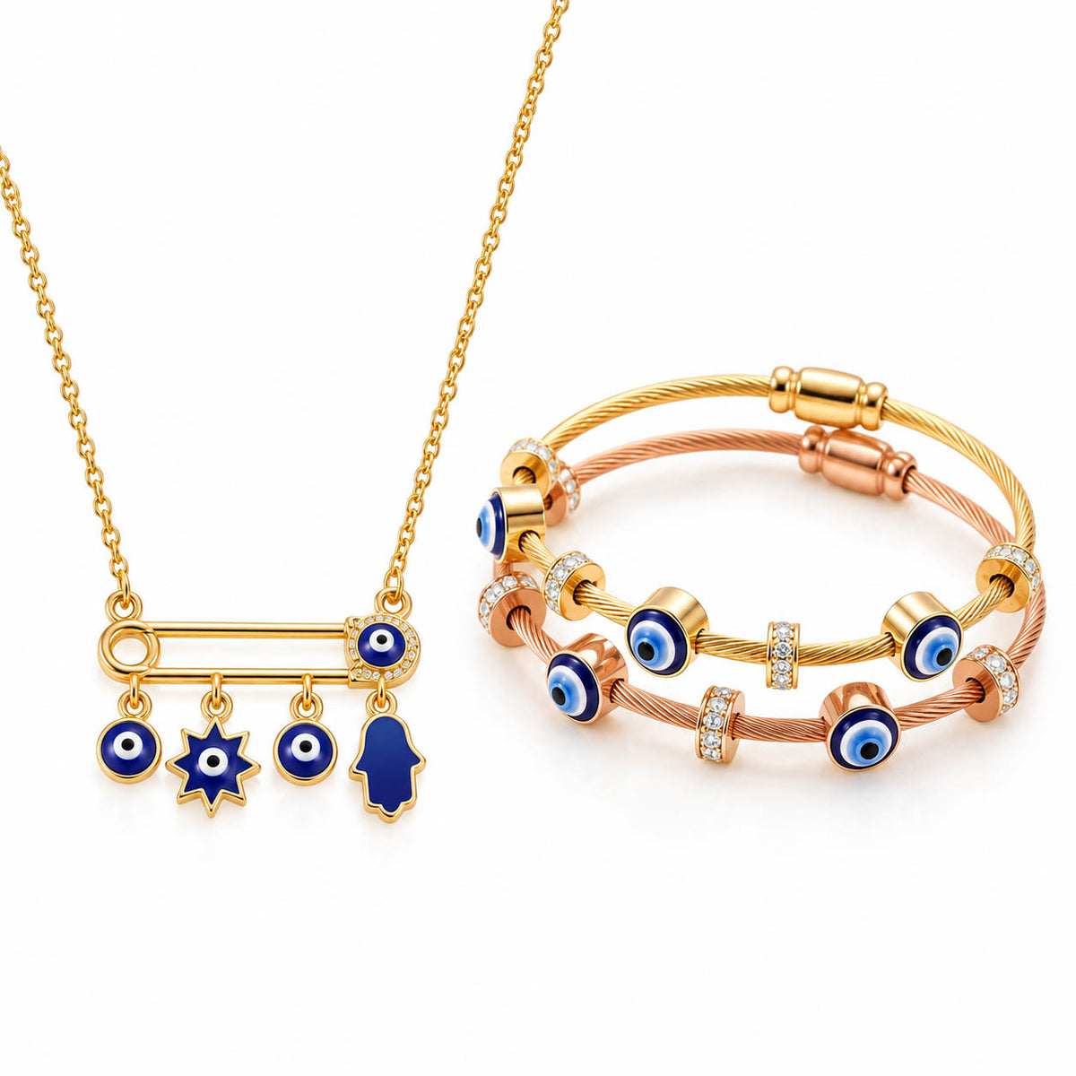 Gold Evil Eye necklace with a safety pin charm and dangling blue enamel charms paired with two stacked cable bracelets in gold and rose gold, featuring blue Evil Eye beads, crystal accents, and adjustable sliding clasps for a stylish anti-tarnish everyday stack.