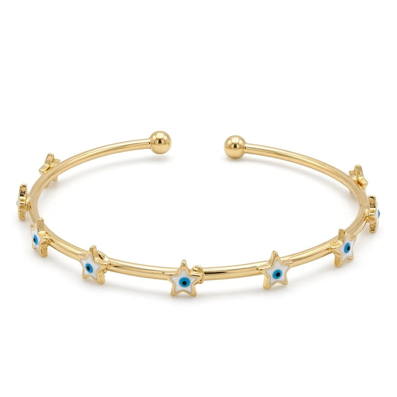 Anti-tarnish yellow gold open cuff bracelet featuring white enamel star stations with blue evil eye centers and smooth ball-end terminals, set against a solid white background.