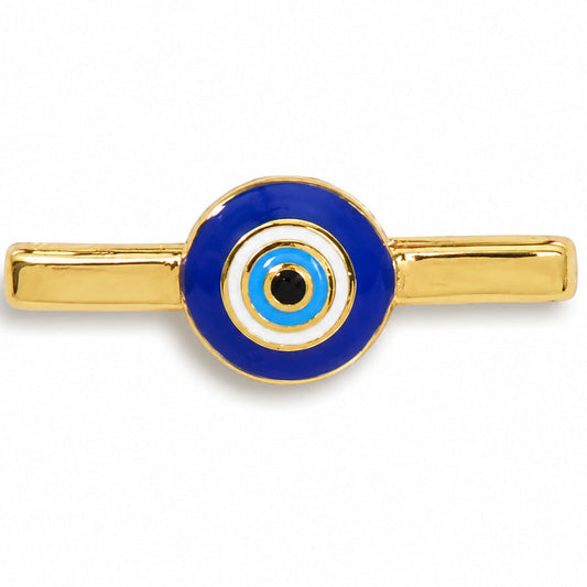 Gold-tone watch accessory featuring a blue evil eye design on a white background.