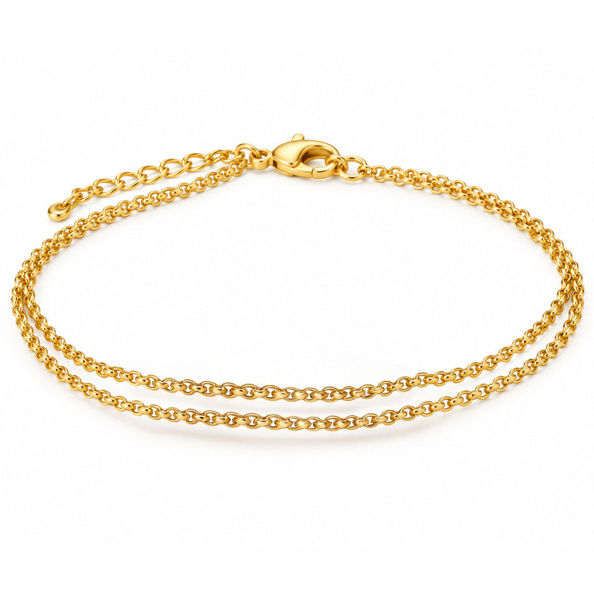 Gold-tone double-layer chain bracelet with two delicate linked chains, a lobster clasp, and adjustable extender chain, displayed on a clean white background.