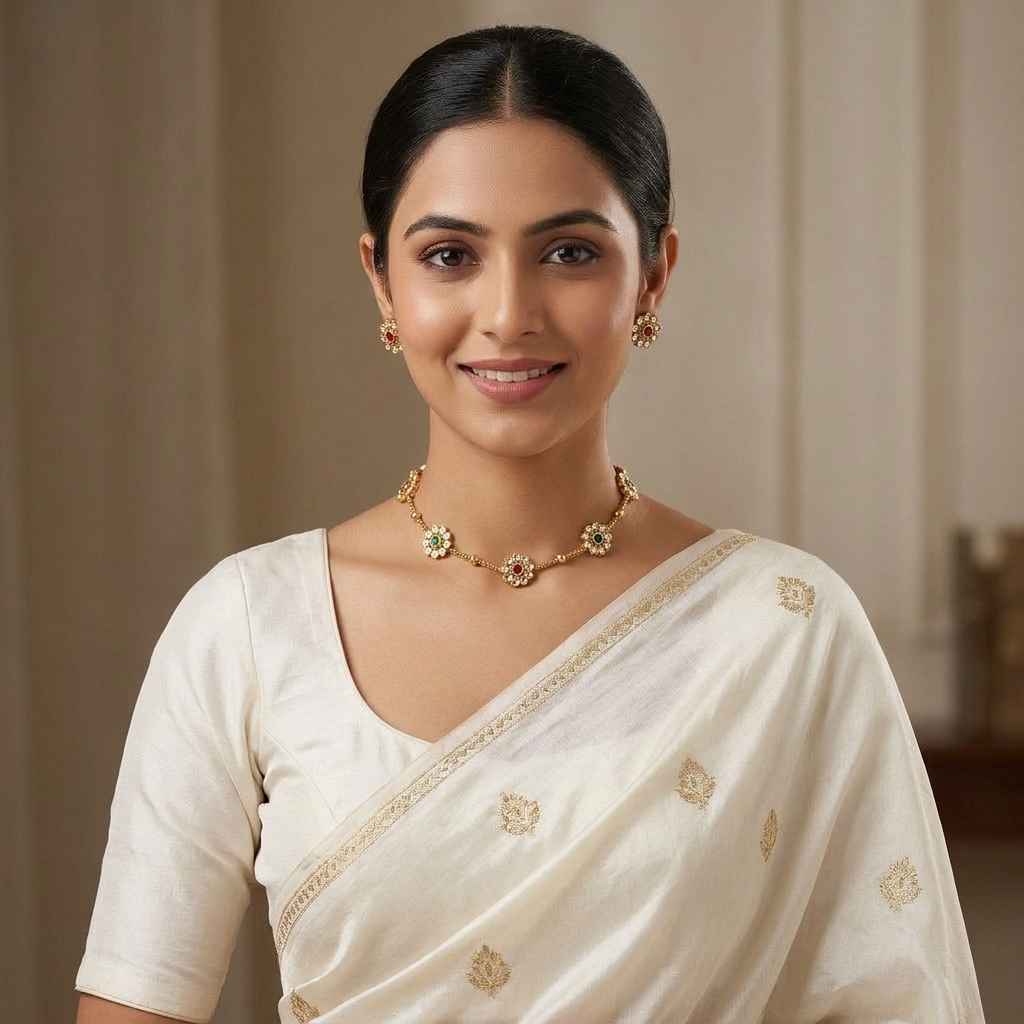 Floral kundan necklace set with pearl accents and red green stones with matching stud earrings