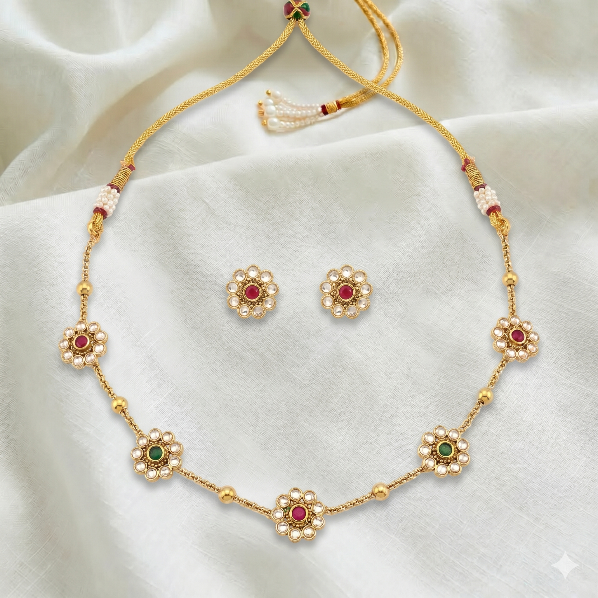 Floral kundan necklace set with pearl accents and red green stones with matching stud earrings