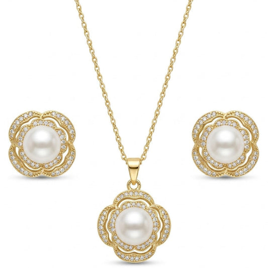 Anti-tarnish gold jewelry set featuring a pendant necklace with a lustrous white pearl surrounded by a double floral pave crystal halo, paired with matching pearl stud earrings.