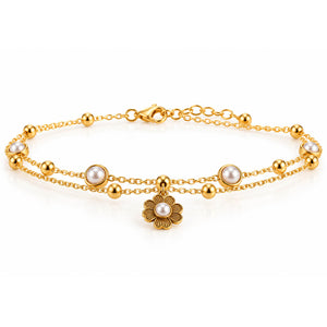 Flower Pearl Layered Anklet | Anti-tarnish | Gold Plated