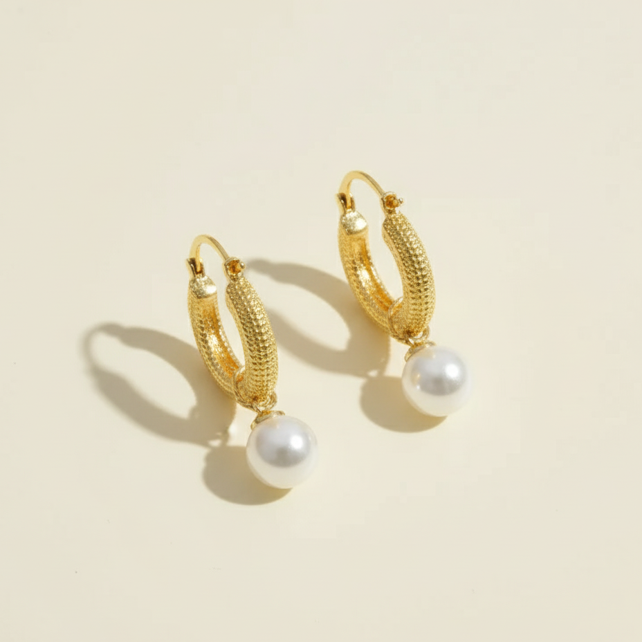 Gold Hoop Pearl Drop Earrings