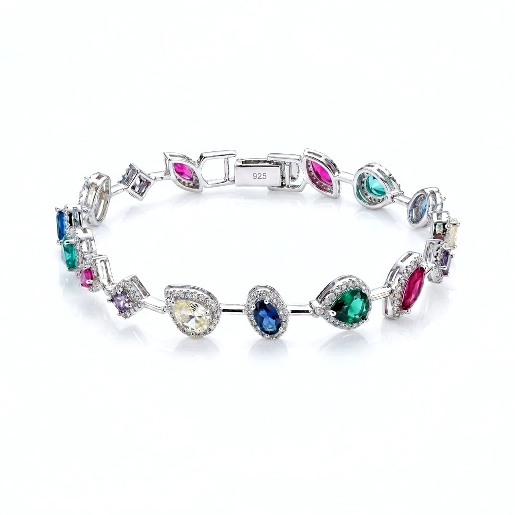 Gemstone Gala 925 Sterling Silver Bracelet featuring a vibrant arrangement of oval, marquise, heart, and pear-shaped gemstones in blue, green, pink, purple, and clear hues, accented with sparkling halos featuring a vibrant arrangement of oval, marquise, heart, and pear-shaped gemstones in blue, green, pink, purple, and clear hues, accented with sparkling halos