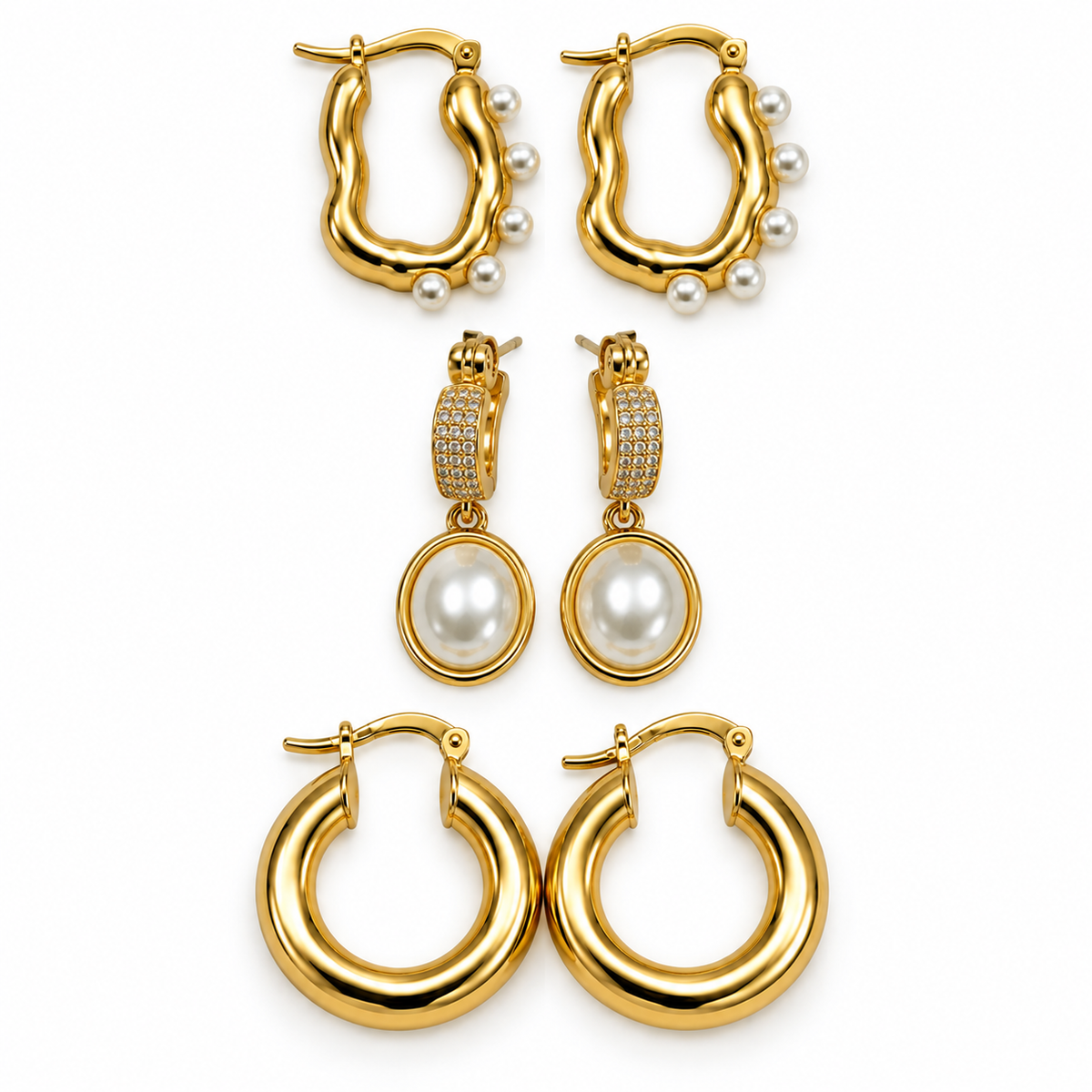Gold-tone earring set featuring pearl-accented wavy hoops, pearl drop earrings with crystal detailing, and classic polished hoop earrings displayed on a white background.