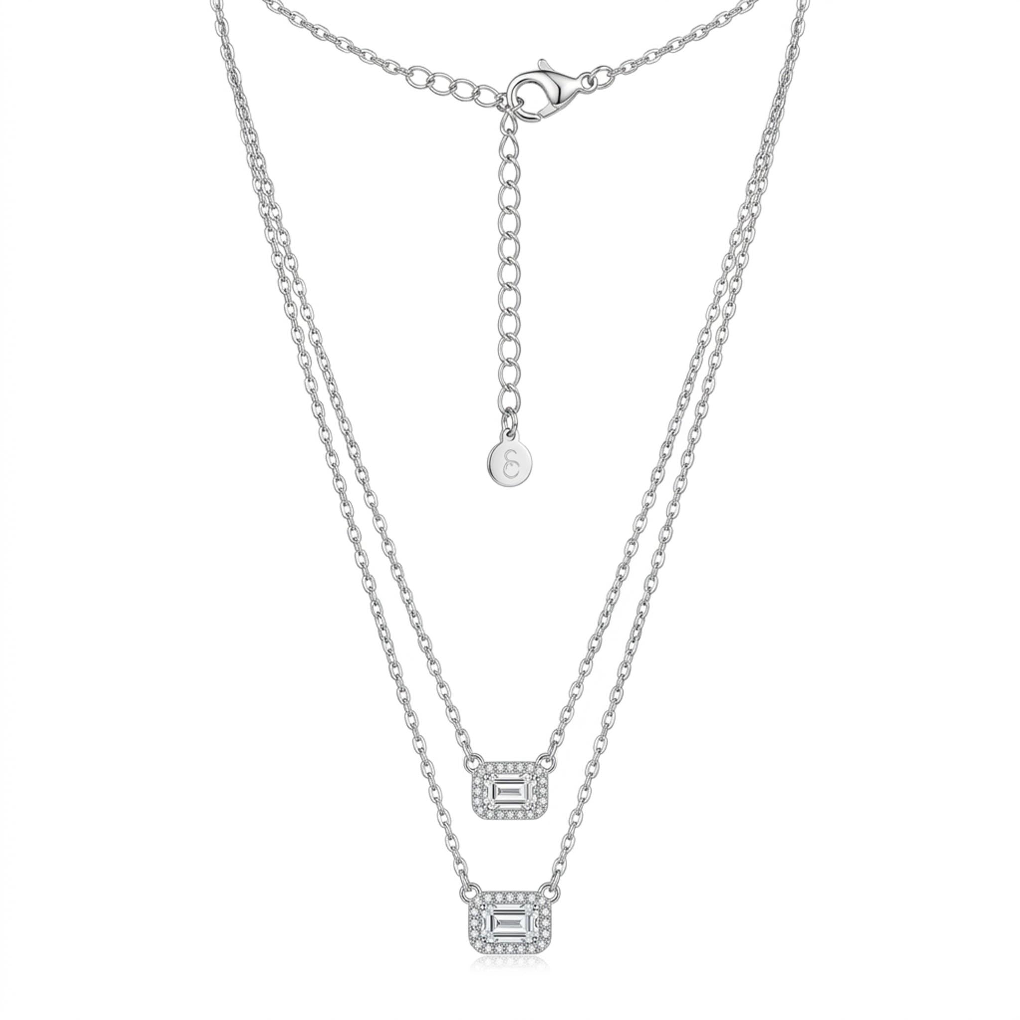 Halo Cascade 925 sterling silver necklace with layered emerald-cut crystal halo pendants