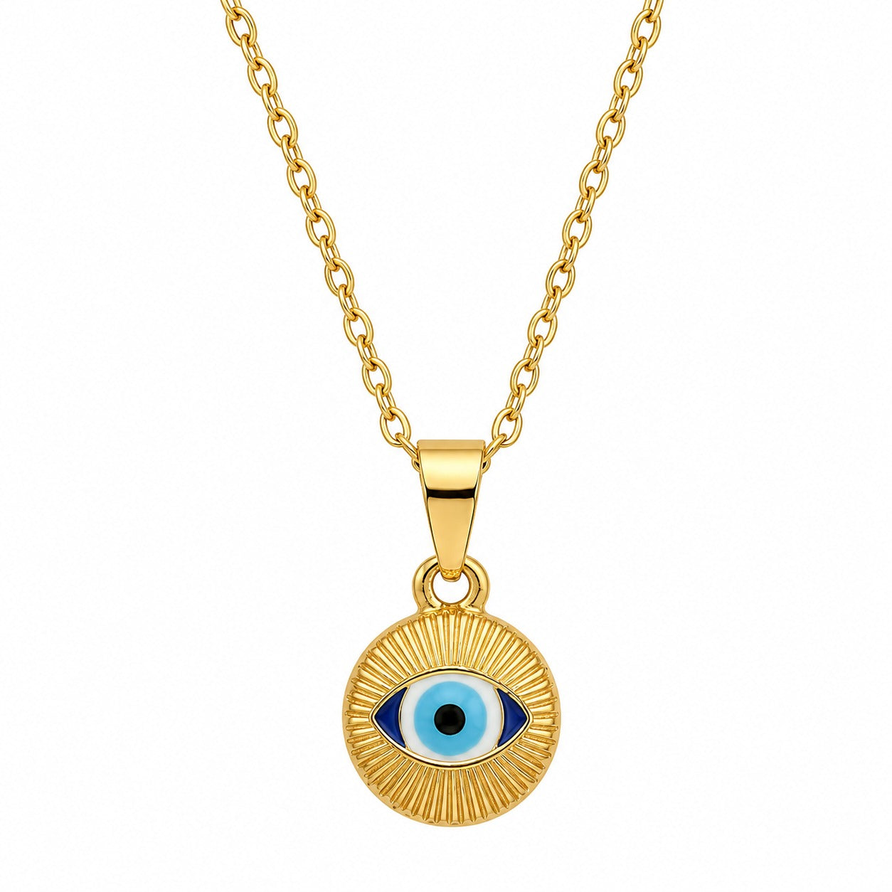 A gold necklace featuring a circular pendant with textured, radiating sunbeam lines. The center showcases an eye shape with a black pupil, light blue iris, and dark blue corners, suspended from a gold chain. The piece is displayed against a clean, solid white square background surrounded by a dark border.