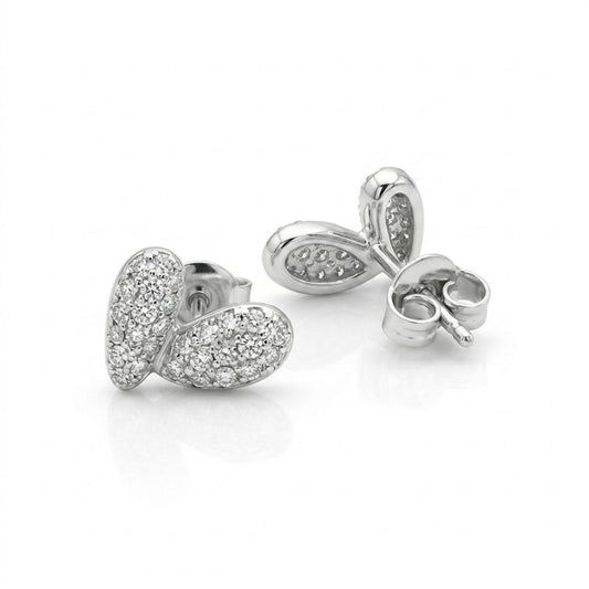 Silver heart stud earrings featuring pave-set crystal detailing in a delicate butterfly silhouette.