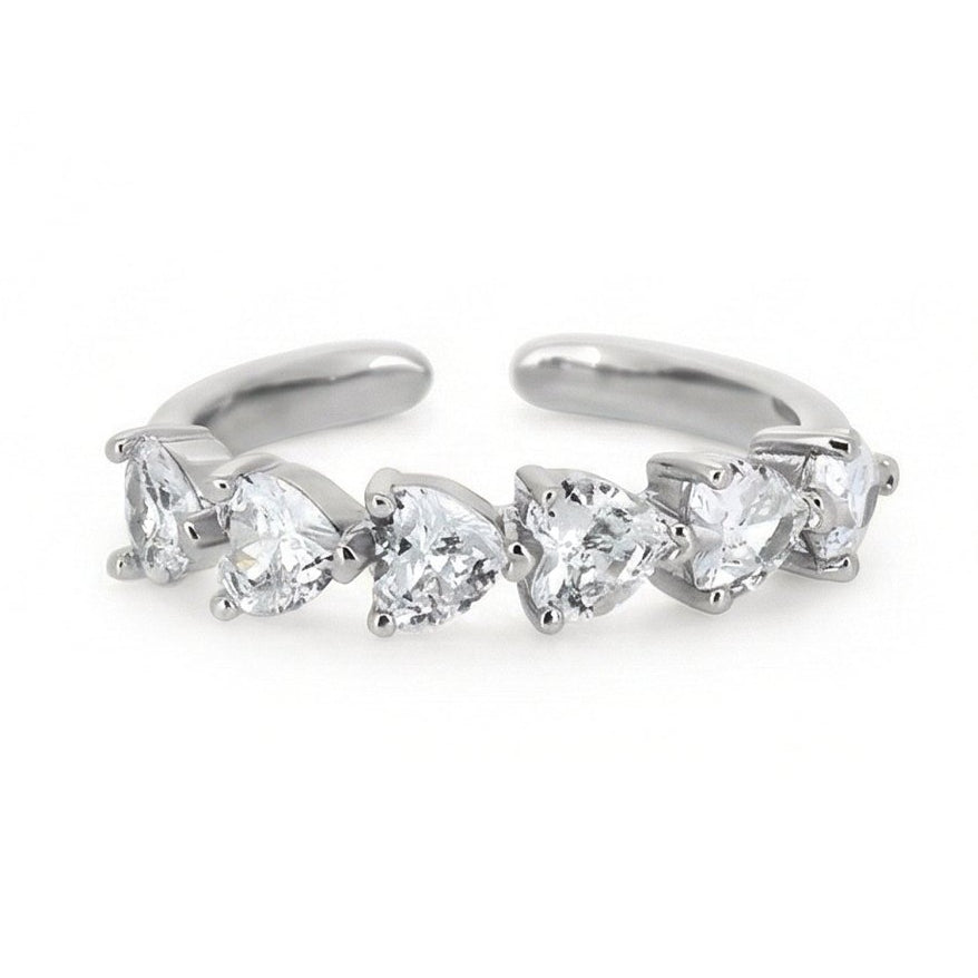 Delicate silver heart-cut crystal ring with an adjustable open-shank design and anti-tarnish finish. perfect for stacking, everyday sparkle, and feminine styling.
