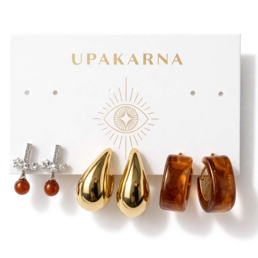 gold and amber earring stack with sunstone square hoops, persimmon drop earrings and tear drop earrings lightweight jewellery