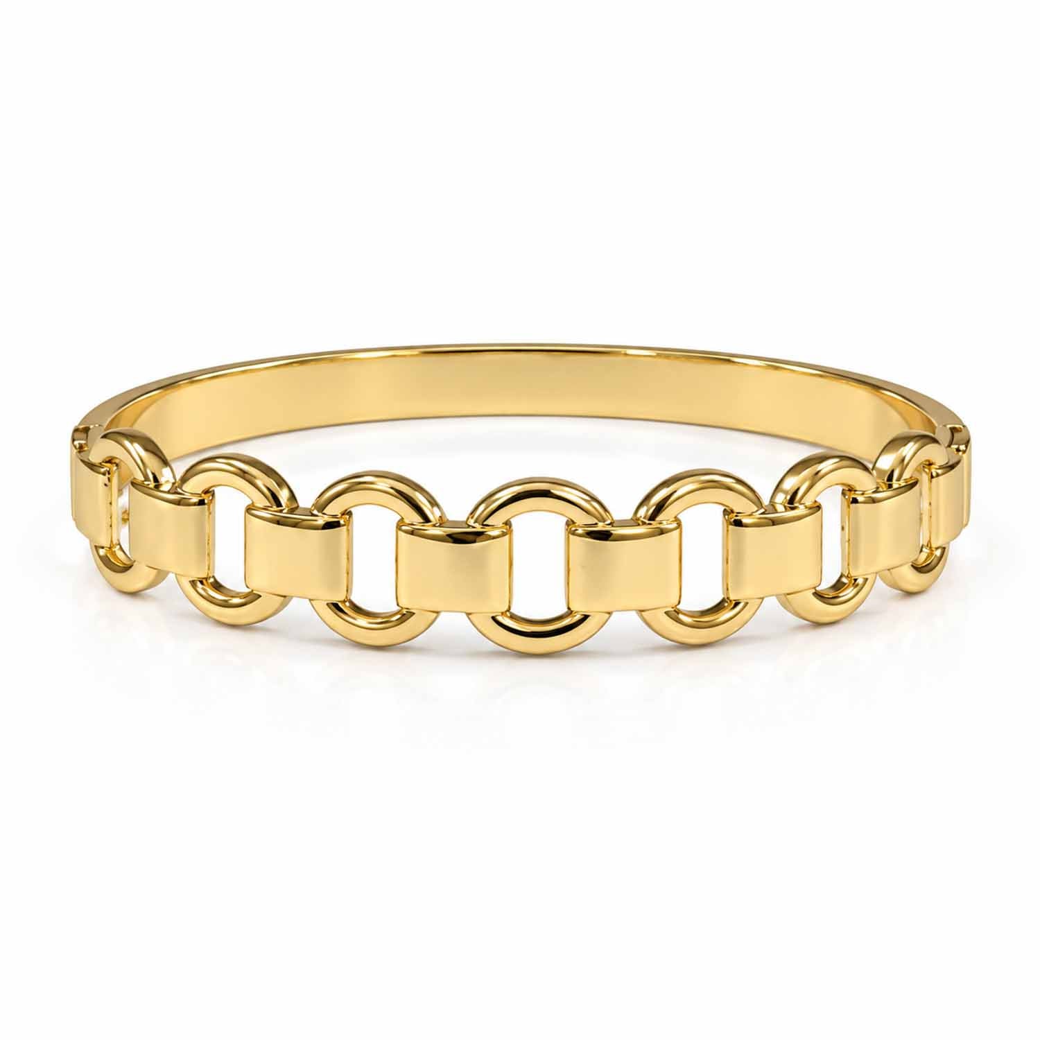 Gold cuff bangle featuring a bold interlocking chain-link design with a smooth polished finish, displayed on a clean white background.