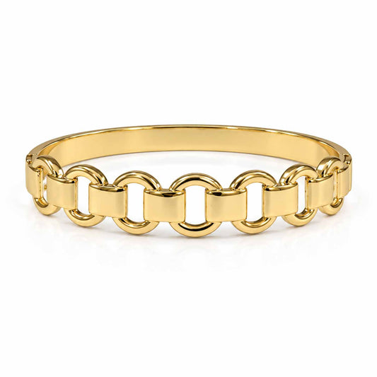 Gold cuff bangle featuring a bold interlocking chain-link design with a smooth polished finish, displayed on a clean white background.