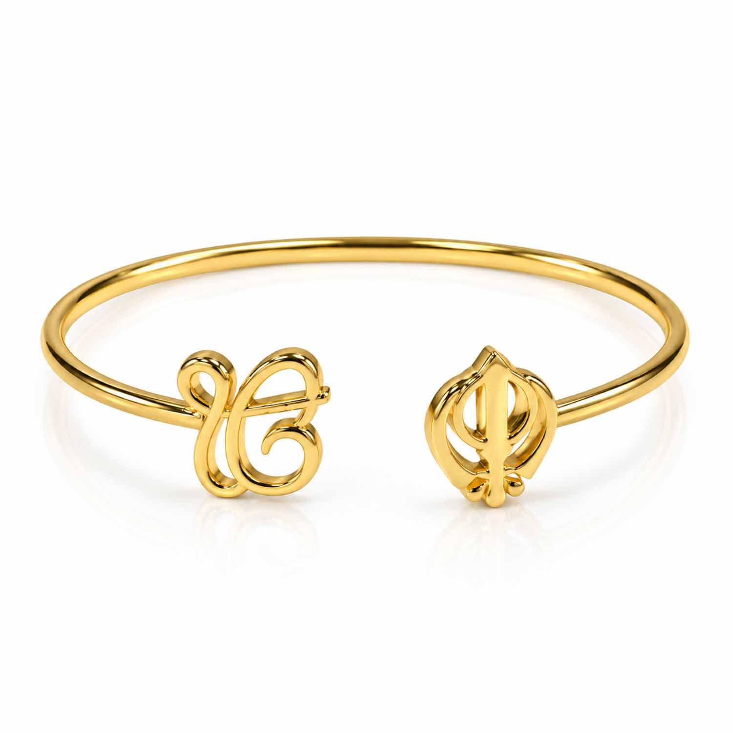 Gold open cuff bangle featuring detailed Ik Onkar and Khanda symbols on a clean white background.