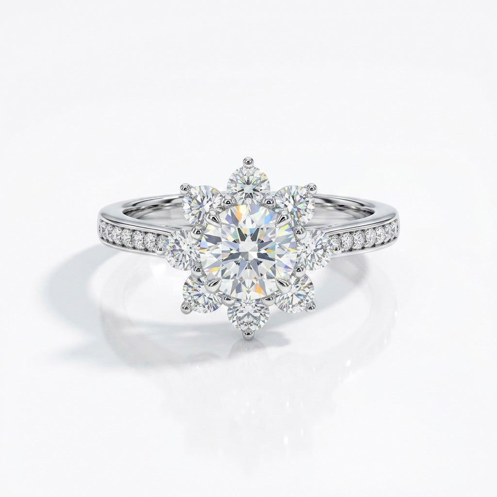 Imperial Blossom Ring with a round-cut center stone, floral diamond halo, and pavé band for regal, radiant elegance.
