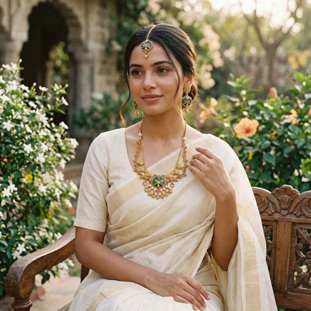 Imperial emerald necklace set with meenakari medallion, earrings, and maang tikka in traditional design