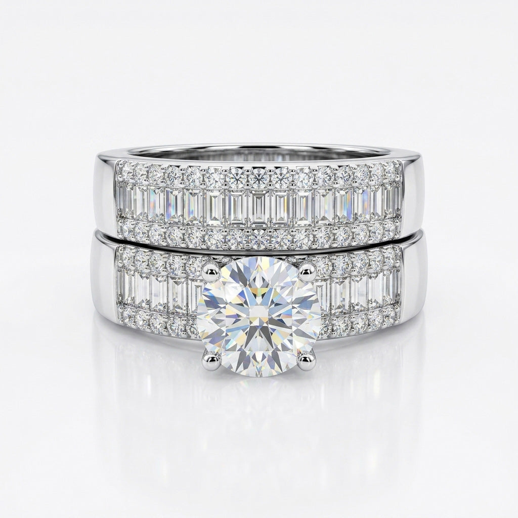 Imperial Sparkle Ring with a round-cut center stone, baguette accents, and pavé band for bold, luxurious brilliance.