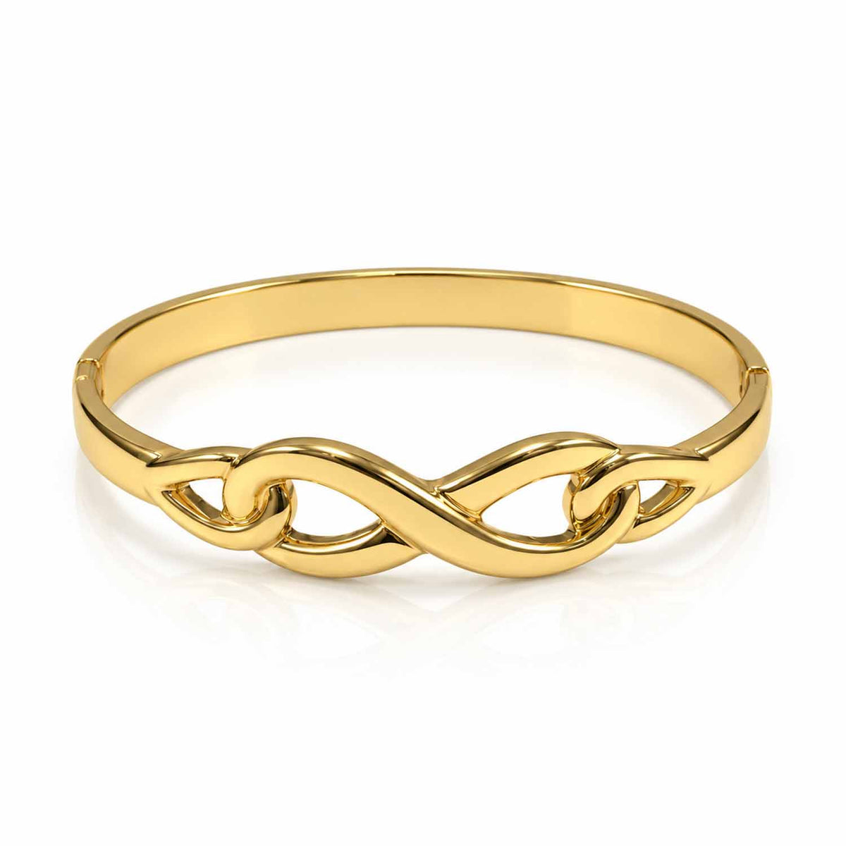 Gold-tone infinity design bangle featuring a polished interlocking infinity motif.