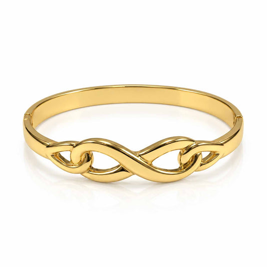 Gold-tone infinity design bangle featuring a polished interlocking infinity motif.