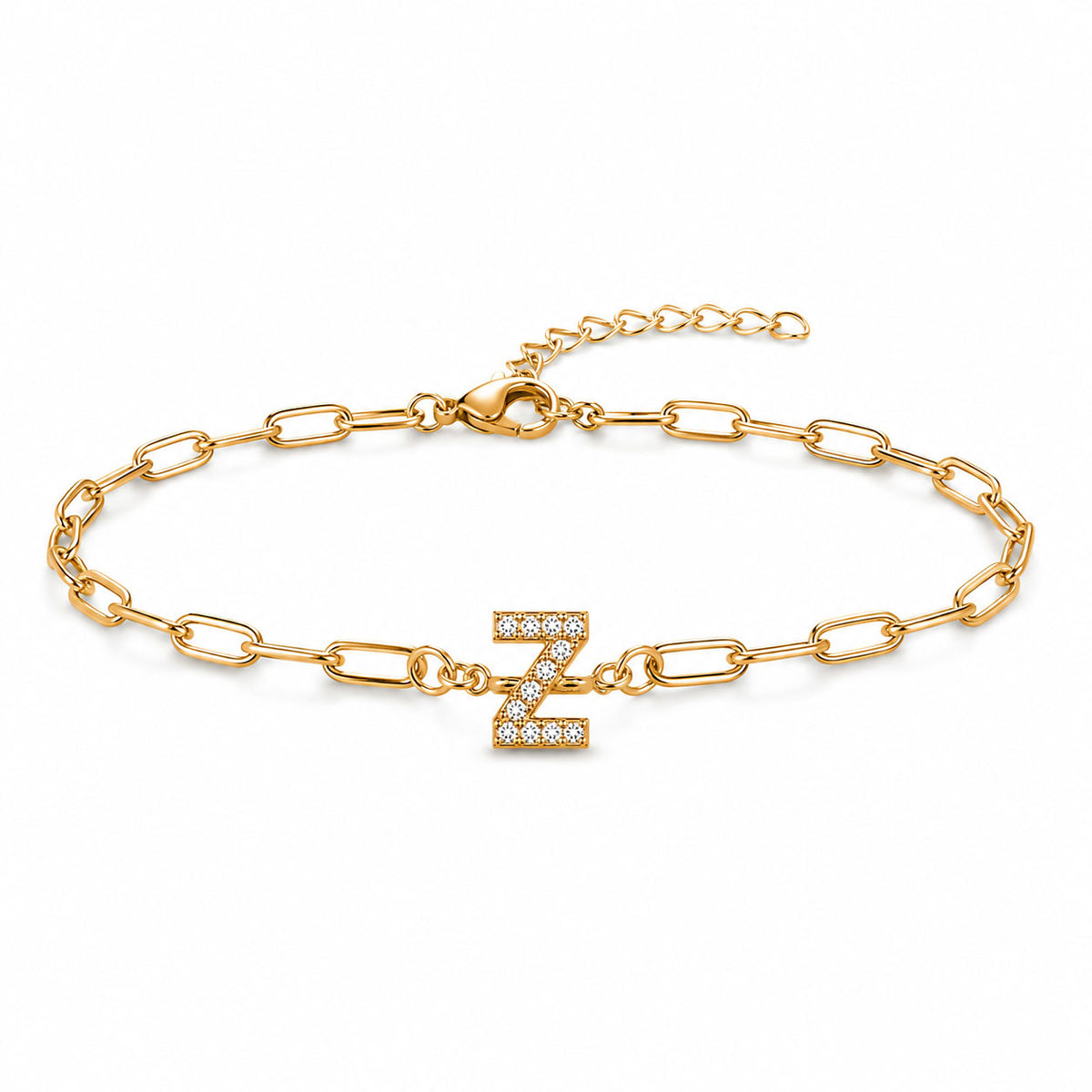 Gold-tone chain bracelet with elongated oval links, a sparkling letter “Z” charm, lobster clasp, and adjustable extender chain, displayed on a clean white background.
