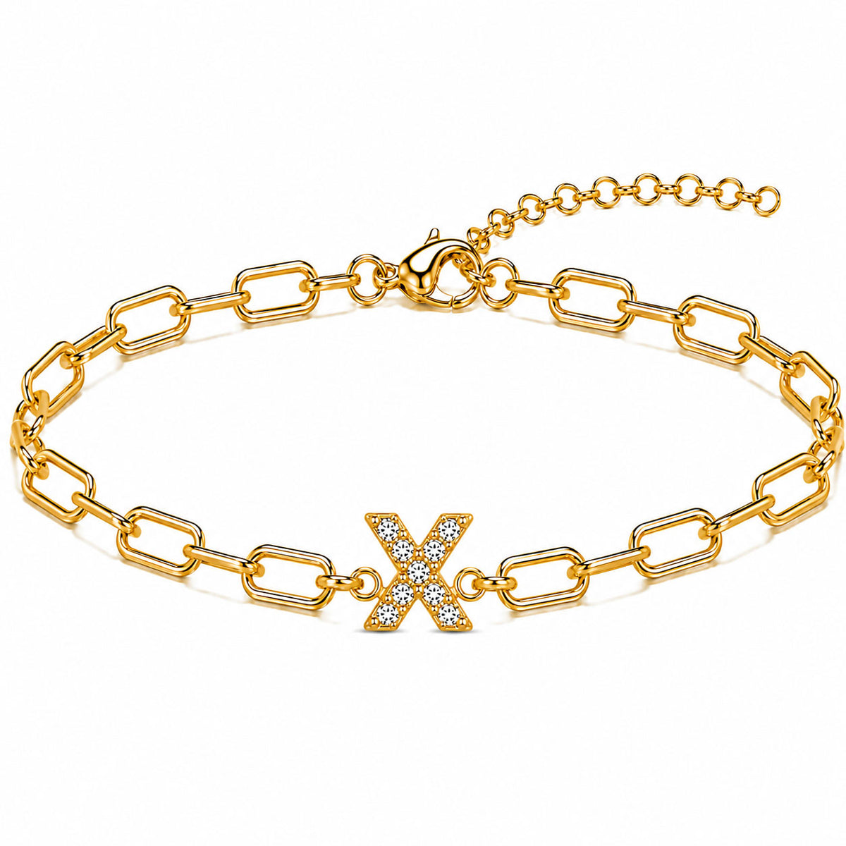 Gold-tone chain bracelet with elongated oval links, a sparkling letter “X” charm, lobster clasp, and adjustable extender chain, displayed on a clean white background.
