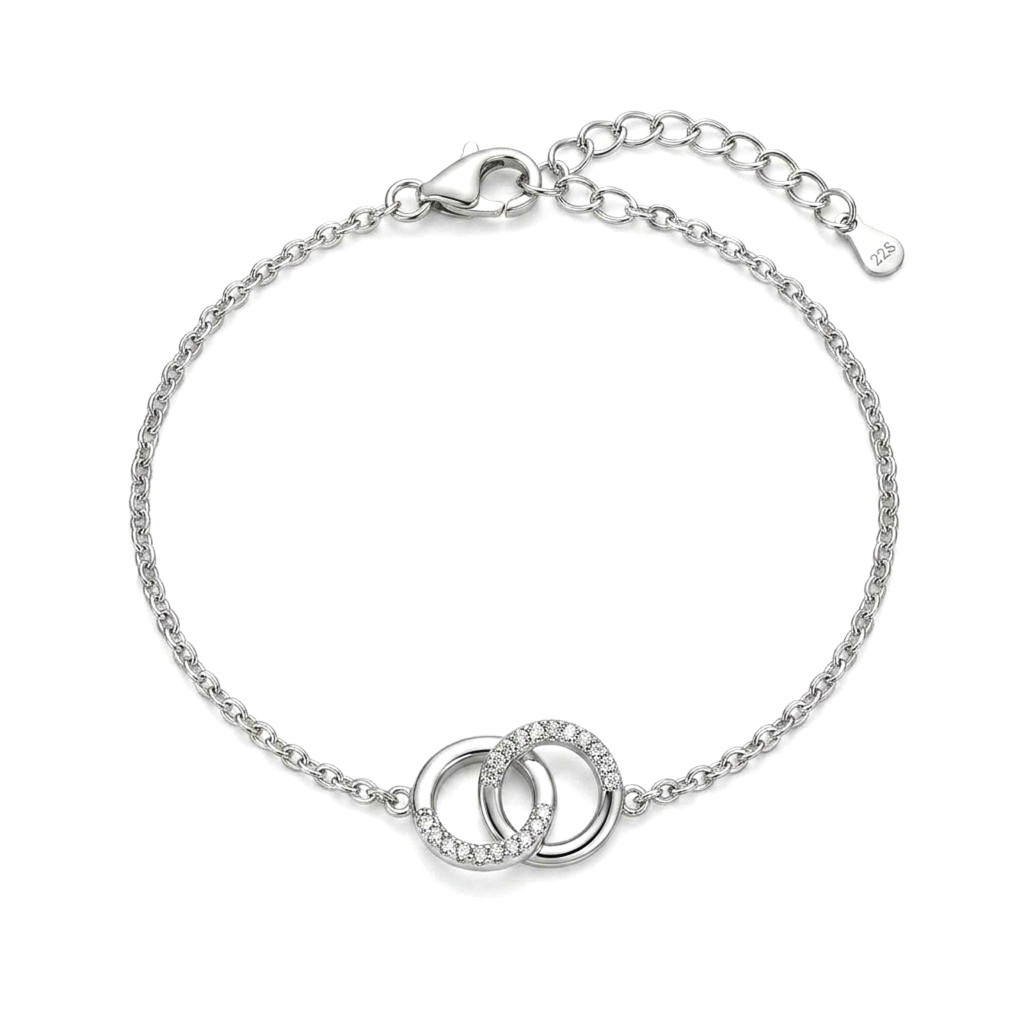 Intertwined Link 925 Sterling Silver Bracelet featuring two elegantly interlocking circular rings, one adorned with sparkling pave-set stones, suspended from a delicate sterling silver chain