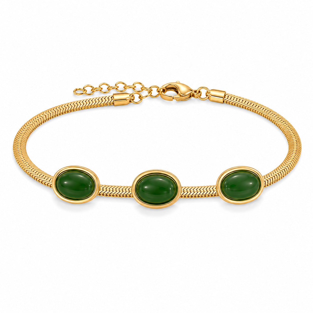 Gold-tone bracelet featuring three rich green oval stones set in polished gold frames on a textured link chain, with an adjustable clasp, displayed on a white background.