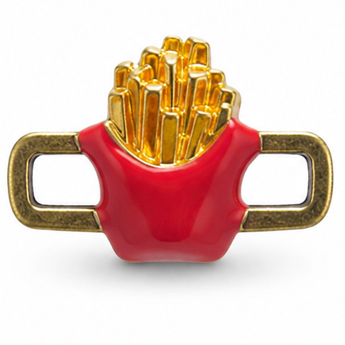Red and gold French fries charm featuring a glossy red fries container filled with detailed golden French fries and gold rectangular side handles.