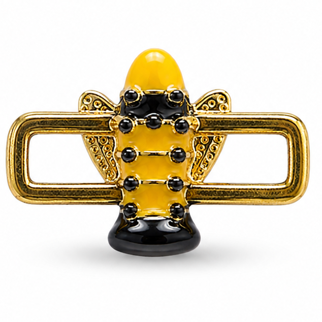 Detailed gold and black insect-shaped jewellery charm featuring a glossy yellow head, black segmented body with multiple rounded black bead-like details, ornate gold textured side wings, and a large rectangular gold loop extending horizontally on both sides.