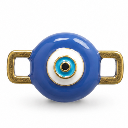 Detailed blue evil eye jewellery charm featuring a glossy deep-blue circular center with a concentric white ring, turquoise-blue inner ring, and black central pupil outlined in gold, creating a traditional evil eye motif. The charm has textured antique-gold rectangular loops extending horizontally from both sides