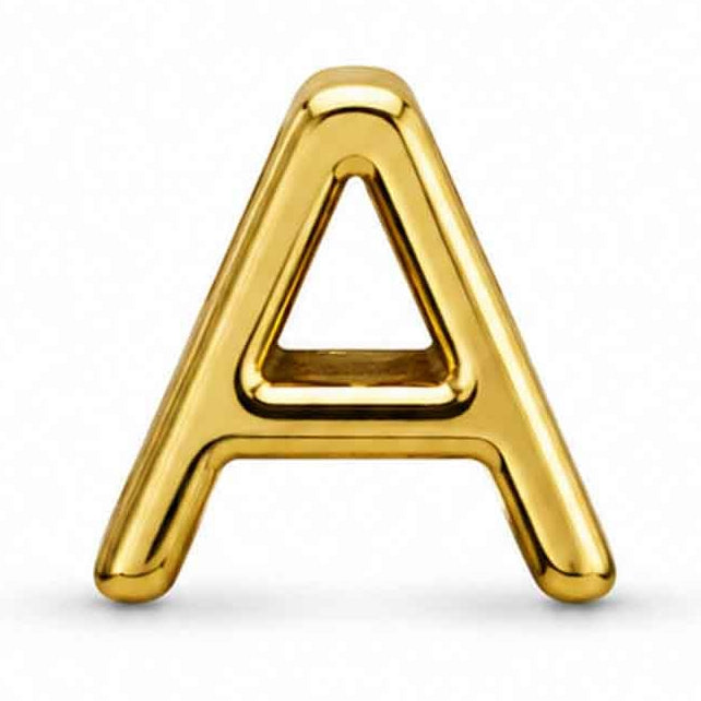 Gold-tone uppercase A letter charm with a smooth, glossy finish and rounded edges, featuring a bold and simple design. The charm is displayed against a clean white background.