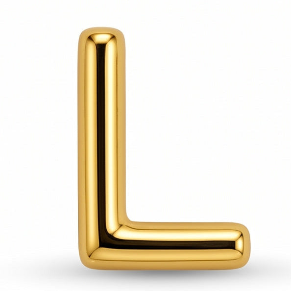 Gold letter L charm with a smooth, polished finish on a white background.