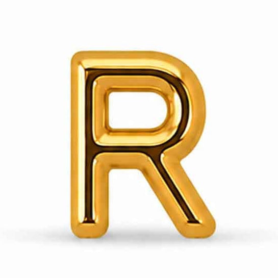 Gold-tone uppercase R letter charm with a smooth, glossy finish and rounded edges, featuring a bold and simple design. The charm is displayed against a clean white background.