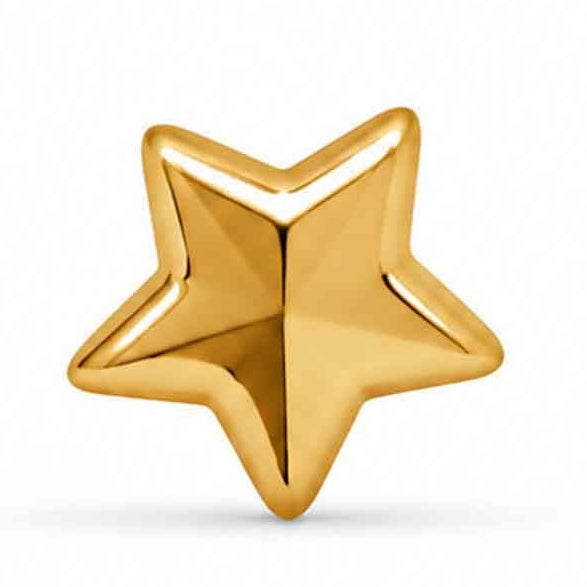 A polished, three-dimensional gold five-pointed star isolated against a plain white background. The shiny metal surface features smooth, rounded edges and faceted ridges that catch light and shadows, giving it a rich, reflective appearance.