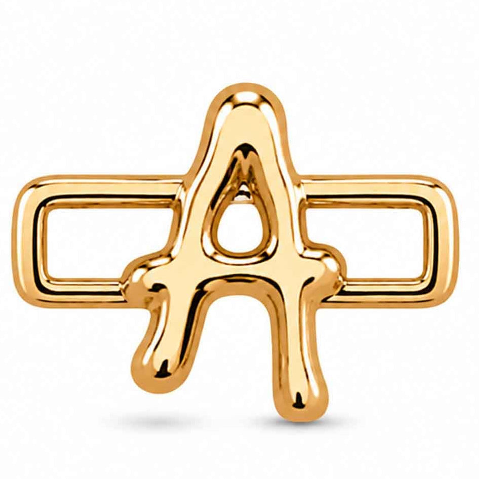 A polished gold-tone letter “A” charm with a glossy, reflective finish, featuring a bold uppercase A design integrated with a rectangular open-link frame. The charm has smooth rounded edges, a modern minimalist style, and a bright metallic surface, displayed against a clean white background.