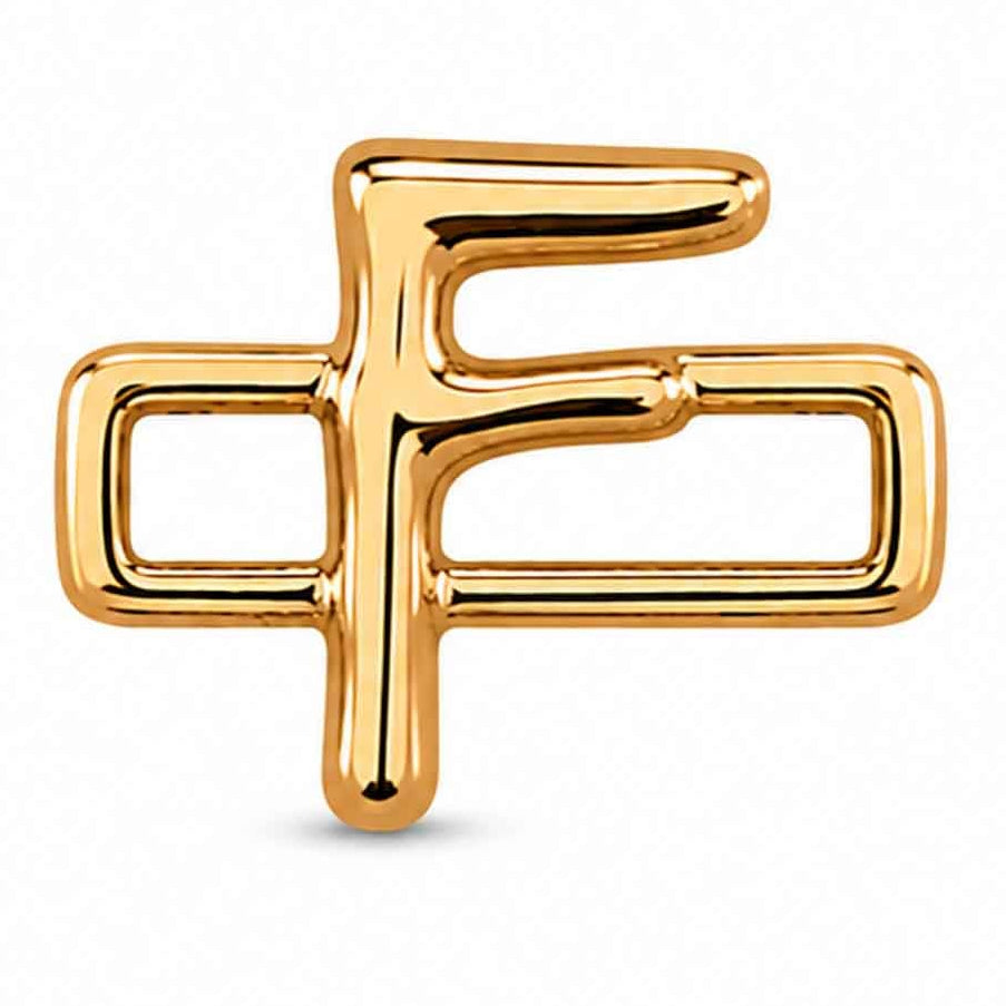 A polished gold-tone letter “F” charm with a glossy, reflective finish, featuring a bold uppercase A design integrated with a rectangular open-link frame. The charm has smooth rounded edges, a modern minimalist style, and a bright metallic surface, displayed against a clean white background.