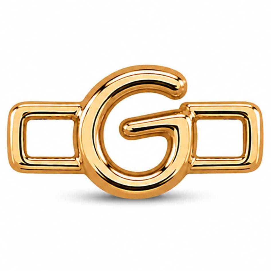 A polished gold-tone letter “G” charm with a glossy, reflective finish, featuring a bold uppercase A design integrated with a rectangular open-link frame. The charm has smooth rounded edges, a modern minimalist style, and a bright metallic surface, displayed against a clean white background.
