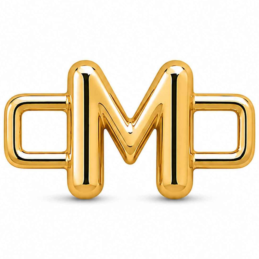 A polished gold-tone letter “M” charm with a glossy, reflective finish, featuring a bold uppercase A design integrated with a rectangular open-link frame. The charm has smooth rounded edges, a modern minimalist style, and a bright metallic surface, displayed against a clean white background.