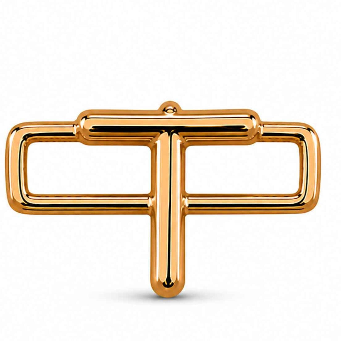 A polished gold-tone letter “T” charm with a glossy, reflective finish, featuring a bold uppercase A design integrated with a rectangular open-link frame. The charm has smooth rounded edges, a modern minimalist style, and a bright metallic surface, displayed against a clean white background.