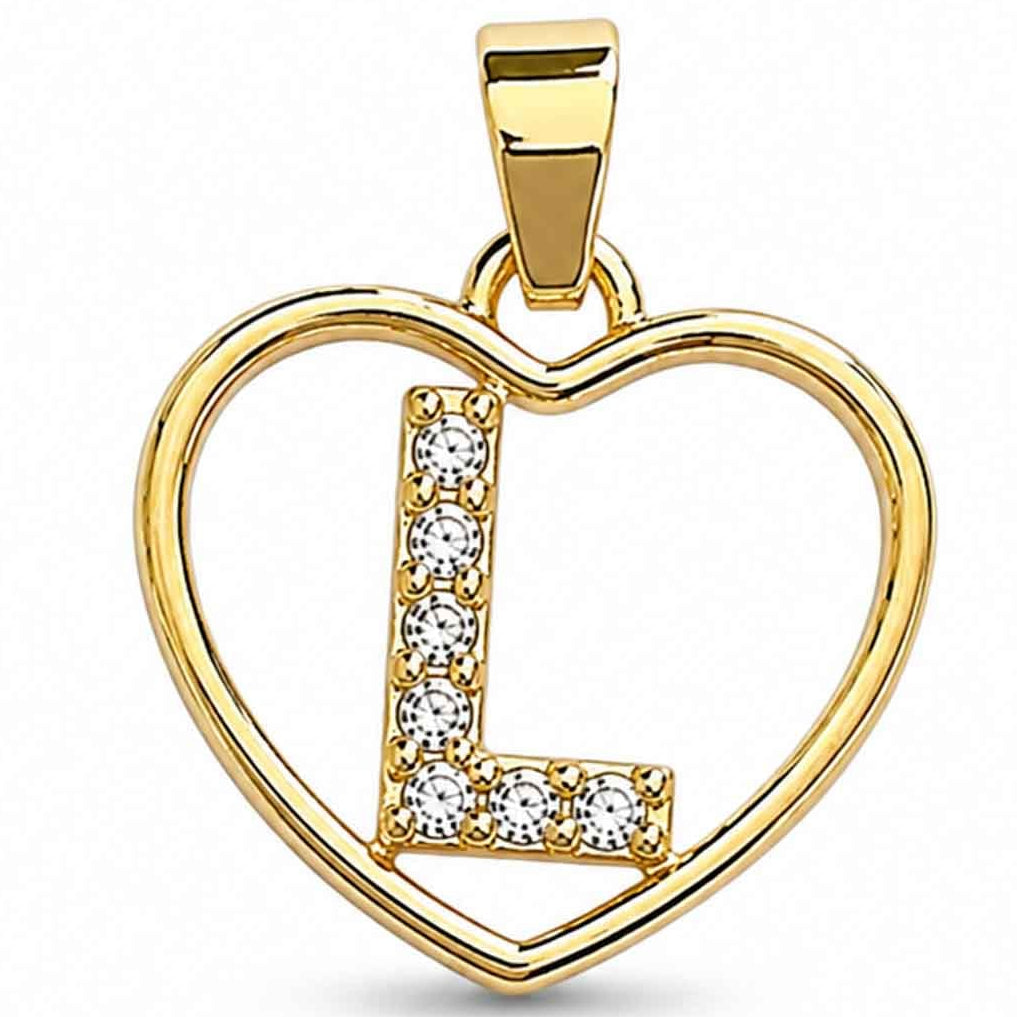 Gold heart-shaped pendant with a sparkling crystal-encrusted letter L design, polished gold finish, and a top bail, displayed on a clean white background.
