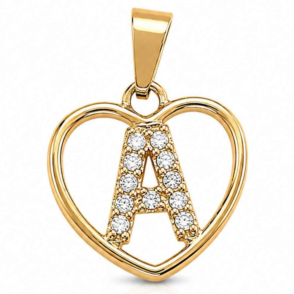 Gold heart-shaped pendant with a sparkling crystal-encrusted letter A design, polished gold finish, and a top bail, displayed on a clean white background.
