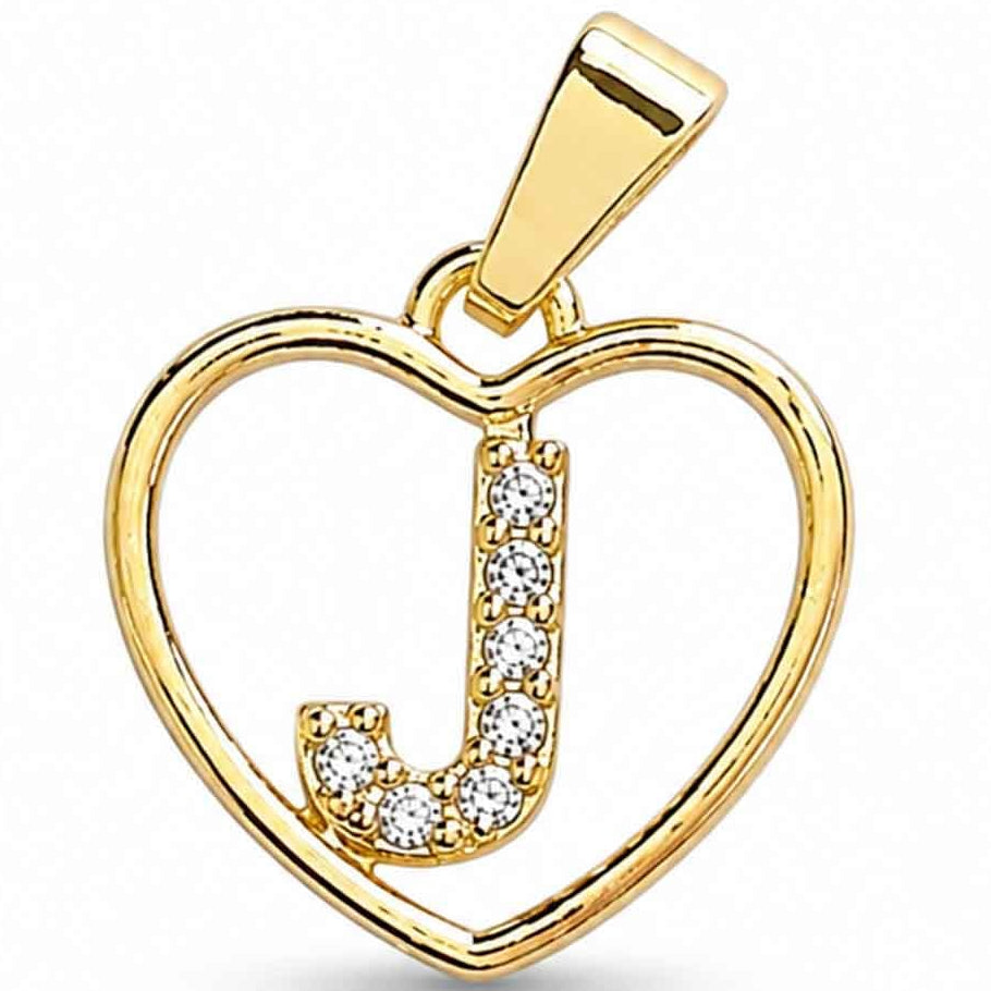 Gold heart-shaped pendant with a sparkling crystal-encrusted letter J design, polished gold finish, and a top bail, displayed on a clean white background.
