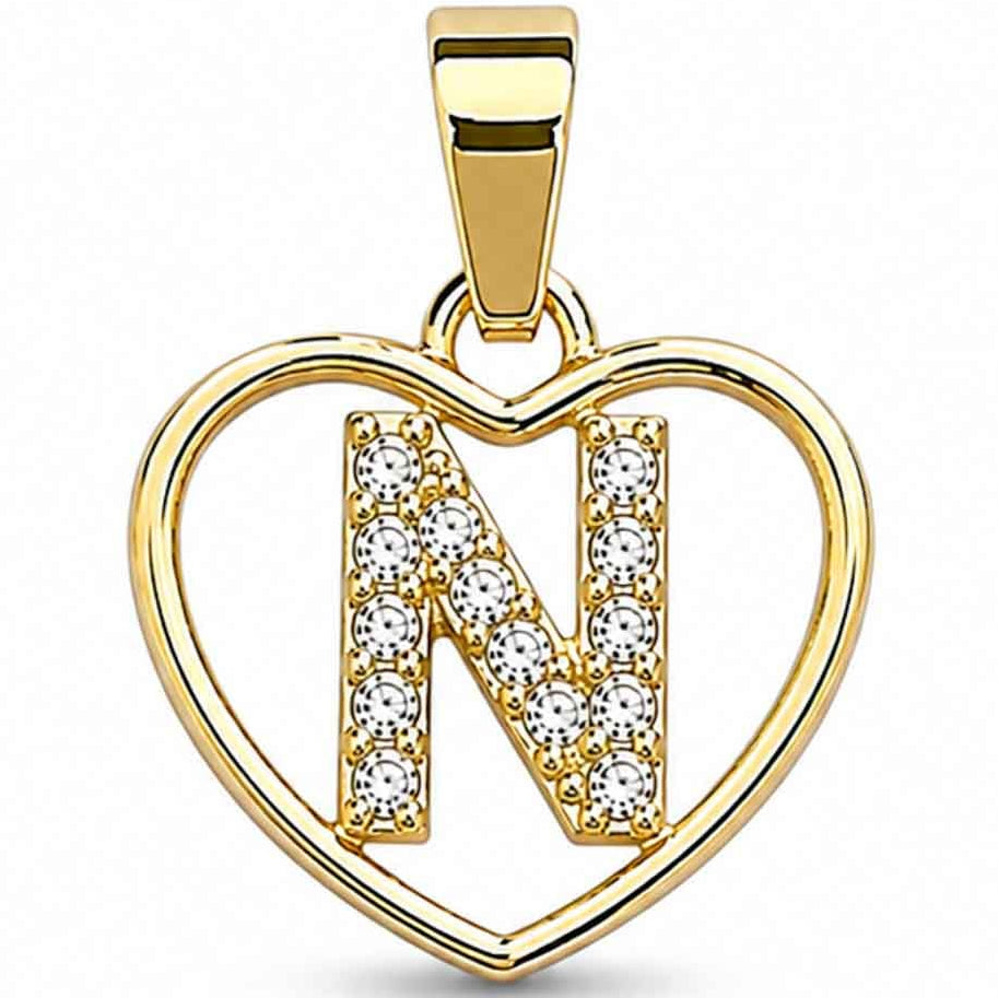 Gold heart-shaped pendant with a sparkling crystal-encrusted letter N design, polished gold finish, and a top bail, displayed on a clean white background.
