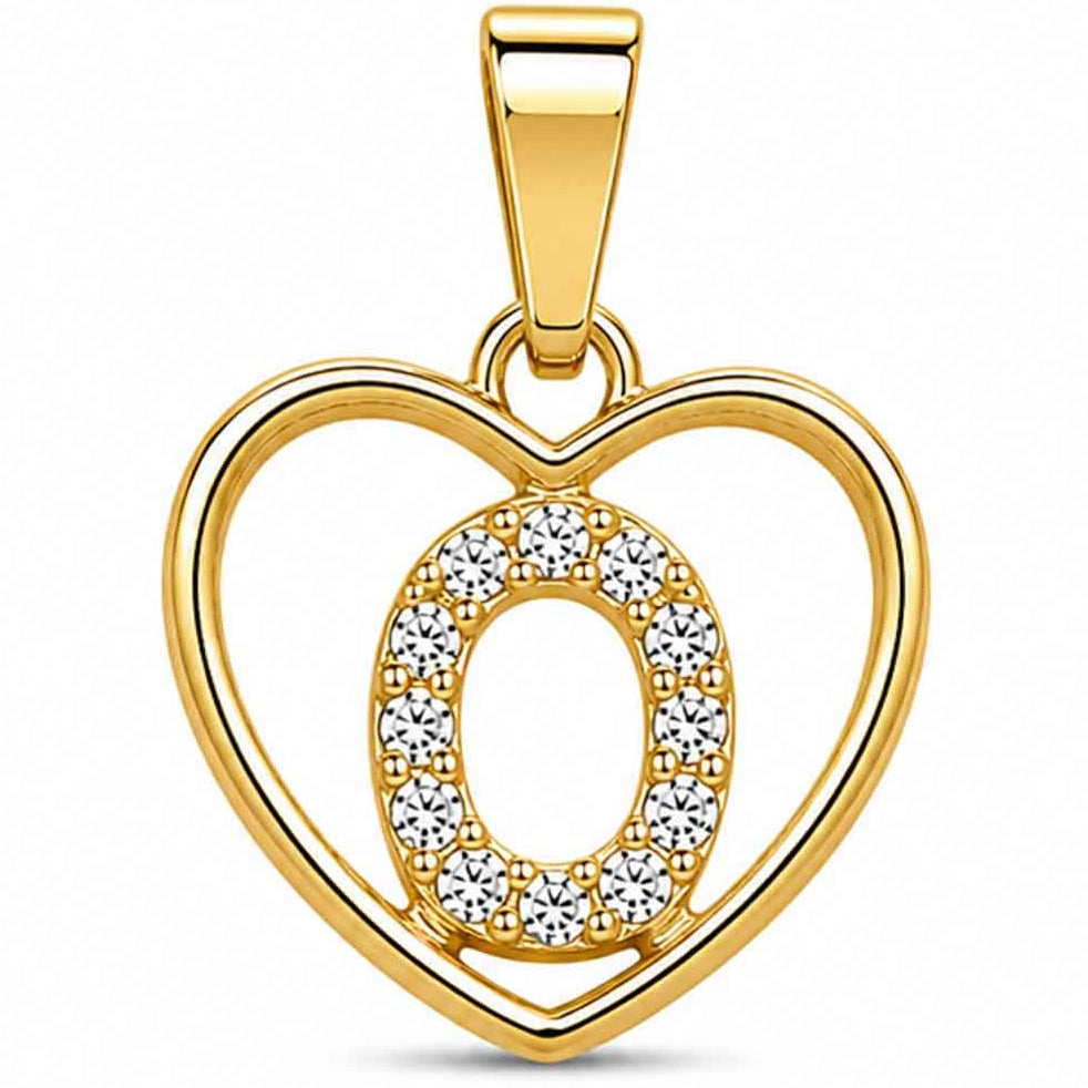 Gold heart-shaped pendant with a sparkling crystal-encrusted letter O design, polished gold finish, and a top bail, displayed on a clean white background.
