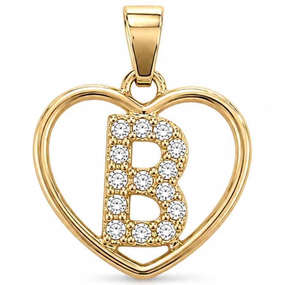 Gold heart-shaped pendant with a sparkling crystal-encrusted letter B design, polished gold finish, and a top bail, displayed on a clean white background.
