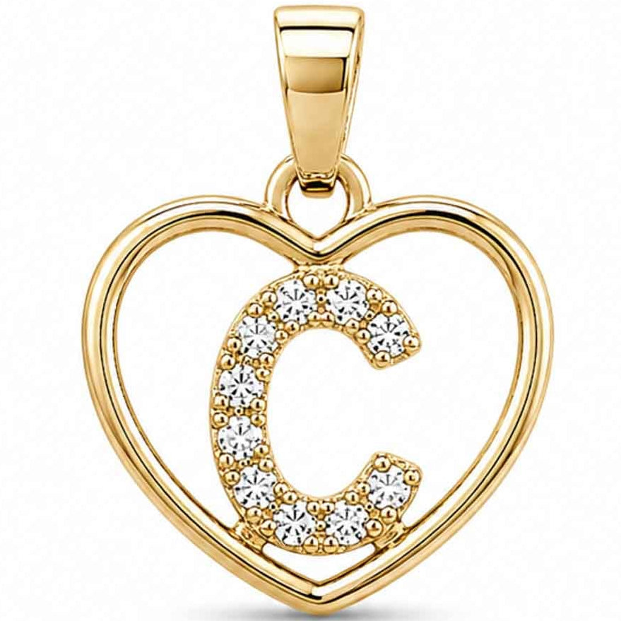 LOVE LETTER CHARM XGold heart-shaped pendant with a sparkling crystal-encrusted letter C design, polished gold finish, and a top bail, displayed on a clean white background.
