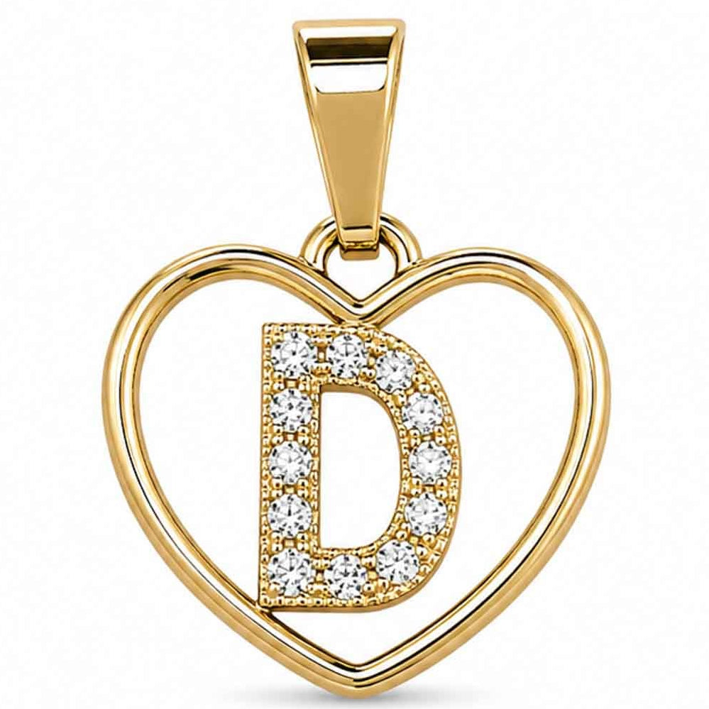 LOVE LETTER CHARM XGold heart-shaped pendant with a sparkling crystal-encrusted letter D design, polished gold finish, and a top bail, displayed on a clean white background.
