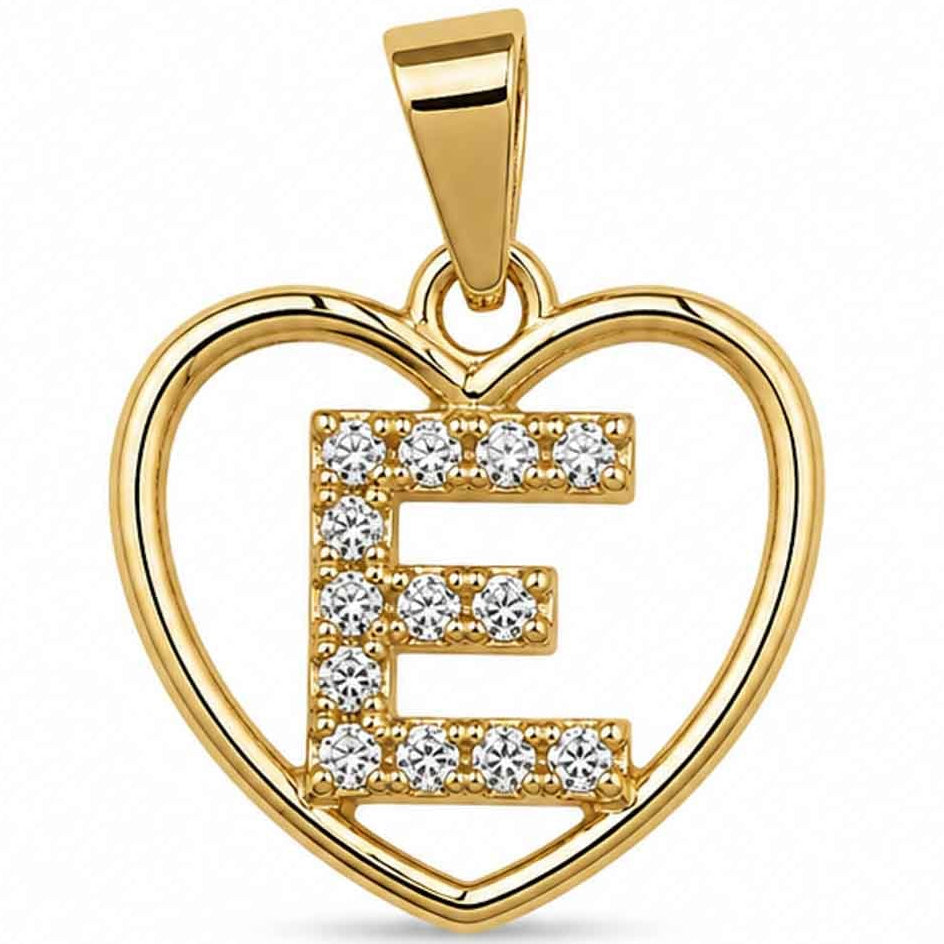 LOVE LETTER CHARM XGold heart-shaped pendant with a sparkling crystal-encrusted letter E design, polished gold finish, and a top bail, displayed on a clean white background.
